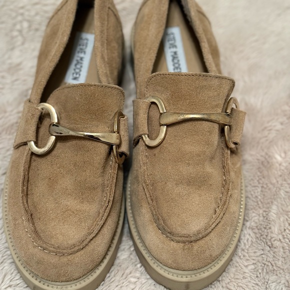 Hazel Beige Suede Loafers with Gold Accent - Picture 1 of 3